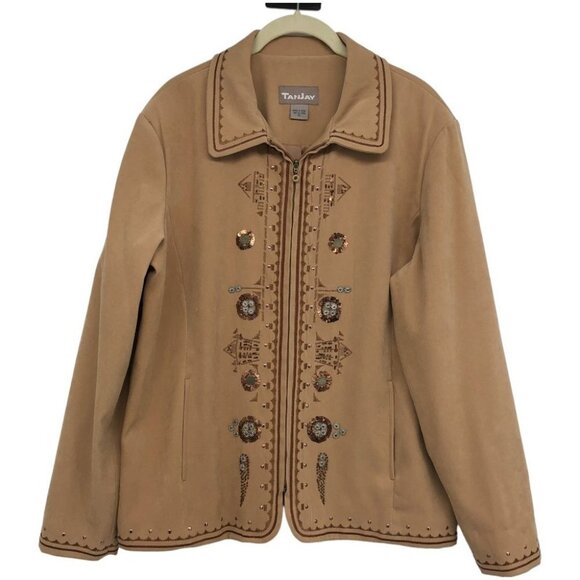 TanJay Brown Faux Suede embroidered Zip-up Lightweight Jacket size 12 - Picture 1 of 15